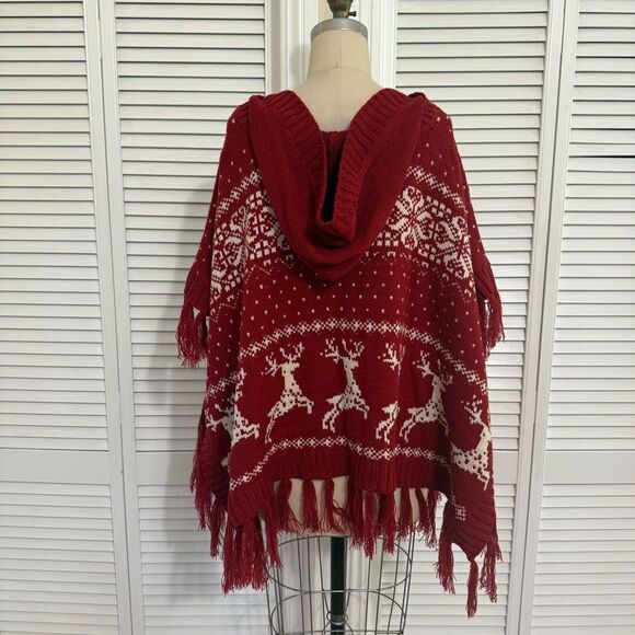 Coco + Carmen Red/Wht Reindeer Hooded Knit Cape-Poncho Sz-S/M - Picture 6 of 8